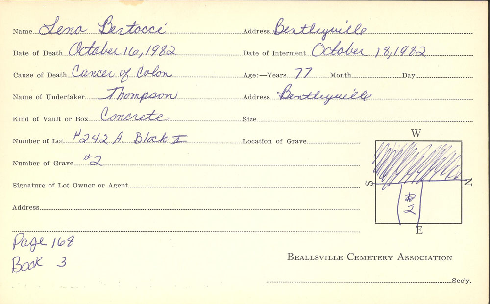 Leno Bertocci burial card